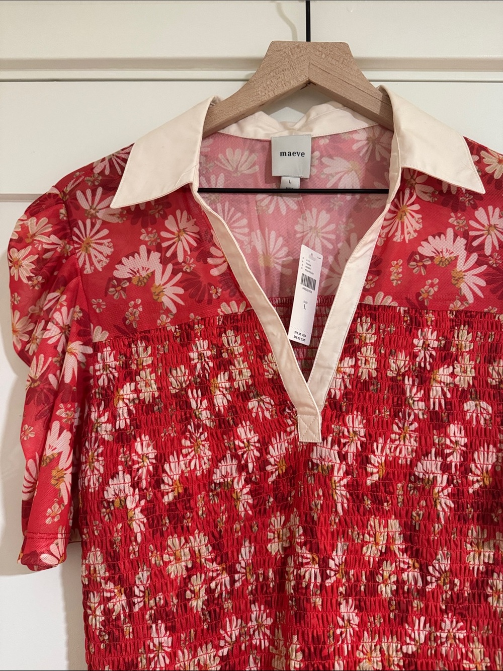 Maeve Red Daisy Smocked Peplum Blouse with Cream Collar - Picture 5 of 7